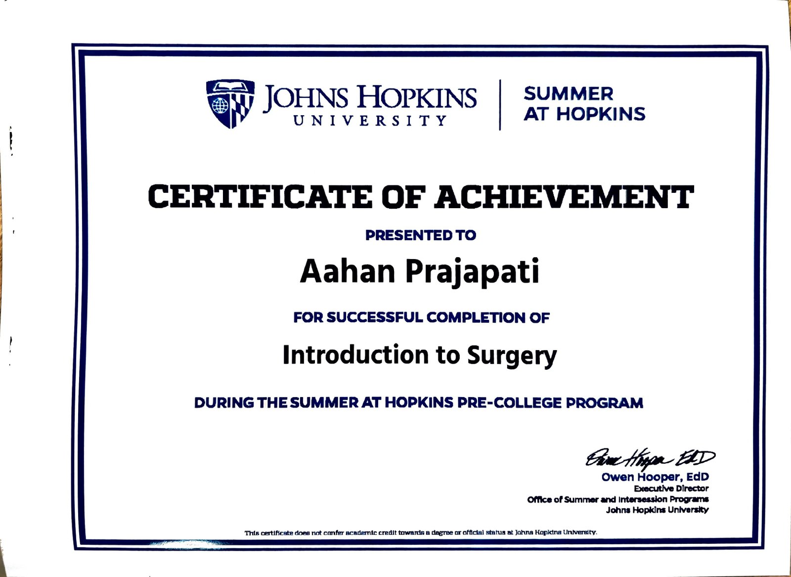 JHU Pre-college Summer Program Introduction to Surgery
